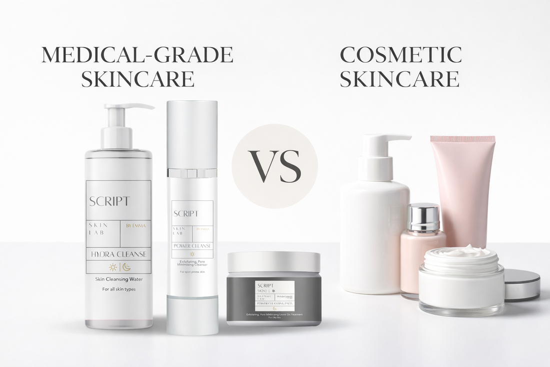 Script Skin Lab medical-grade skincare products comparison image showing Hydra Cleanse, Power Cleanse, and Power Cleansing Pads